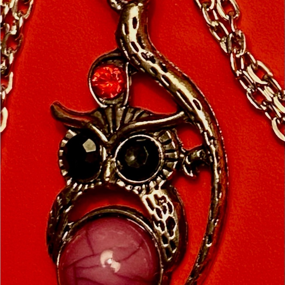 Owl Necklace Silver tone  with Pink and Black Details